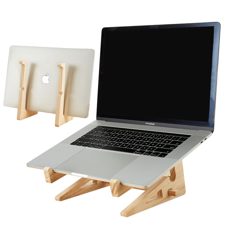 Foldable wooden laptop stand holding an open laptop