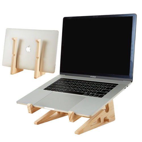 Foldable wooden laptop stand holding an open laptop