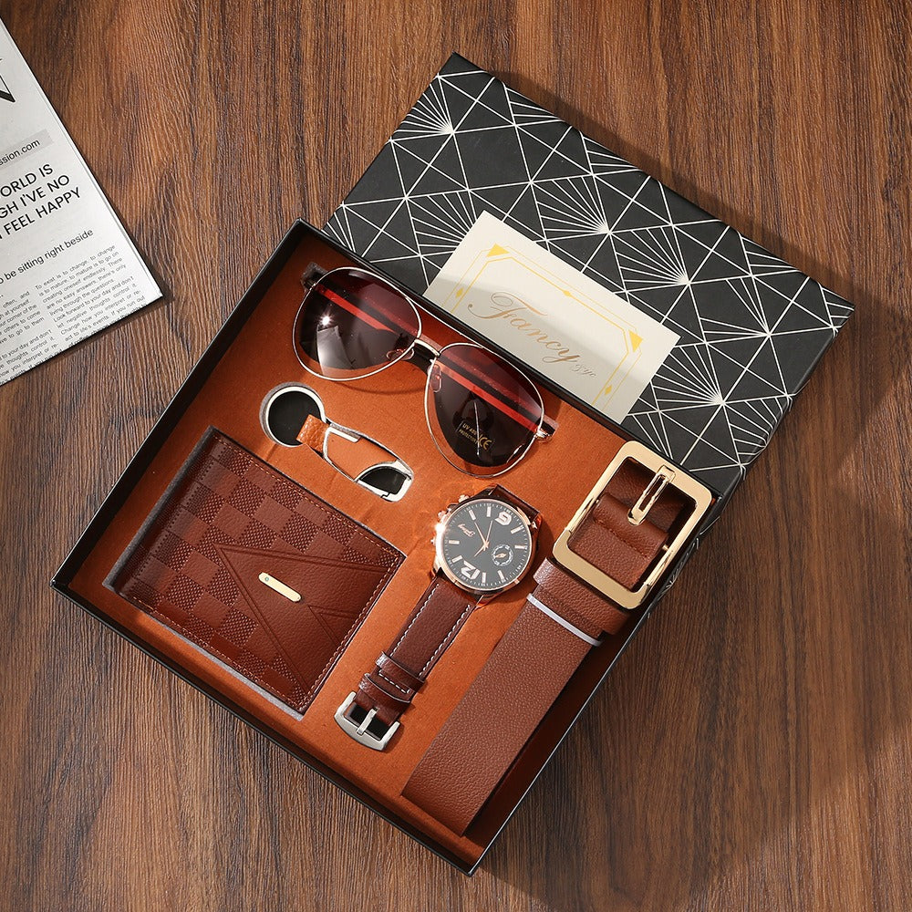 Men's Leather Gift Set — Watch, Wallet, Belt, Sunglasses & Keychain in Gift Box