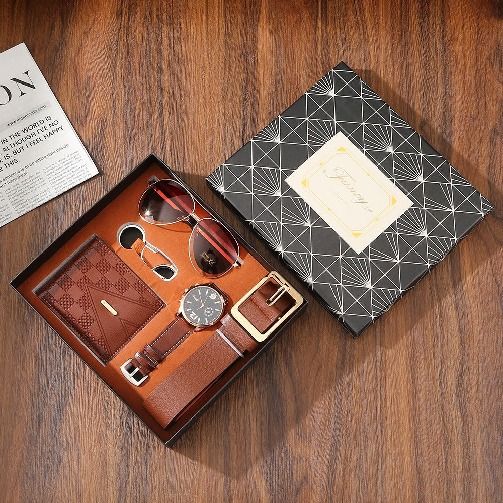 Men's Leather Gift Set — Watch, Wallet, Belt, Sunglasses & Keychain in Gift Box